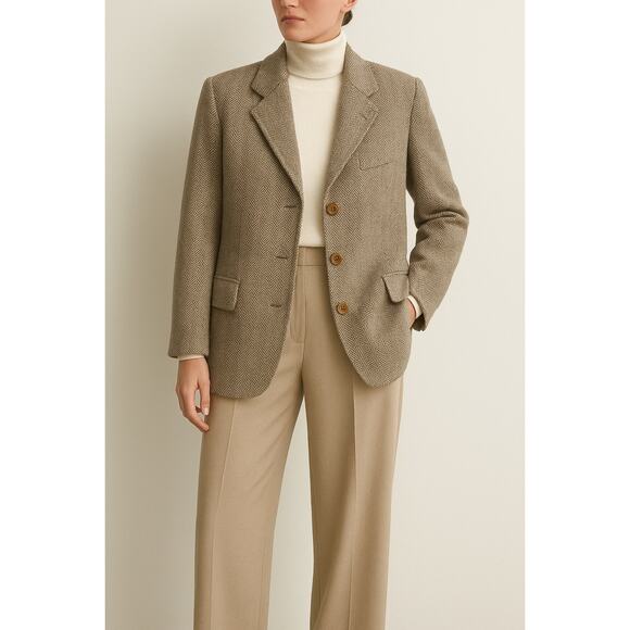 Vintage Women’s Caqueta Stroock Wool Herringbone Blazer Beige Jacket Large - Picture 1 of 6